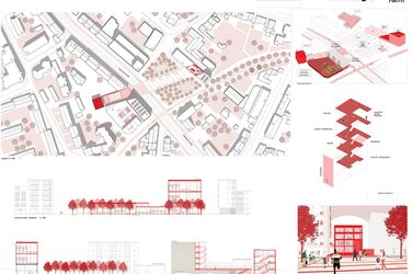 Architekturplan mit Lageplan und Ansichten , einer Visualisierung des Entwurfs, sowie dem skizzierten Nutzungskonzept.