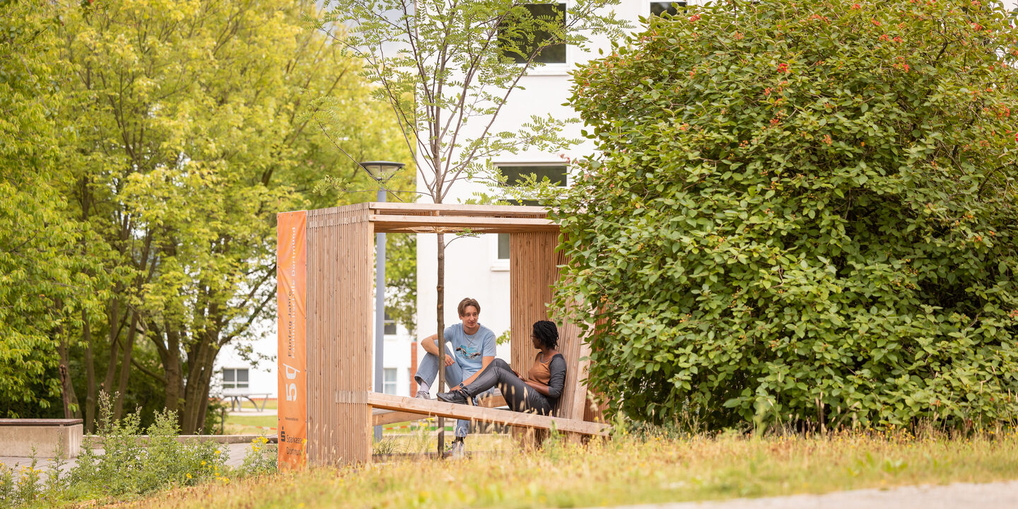 Photo of 2 students sitting and talking in a wooden cube equipped with seating. A tree is planted in the center of the cube.