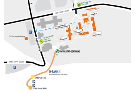 Dieses Bild beinhaltet einen Lageplan des FH-Campus Emil-Figge-Straße. Auf diesem sind die FH-Gebäude, die umliegenden Straßen, Parkplätze sowie Bus- H-Bahn und S-Bahn-Linien eingezeichnet.