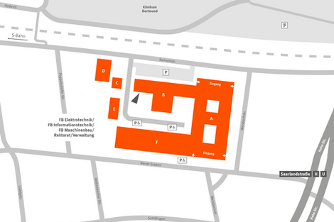 Die schematische Darstellung der Gebäude am Campus Sonnenstraße mit einem dreieckigen Pfeil auf den Eingang zum Raum B-118.