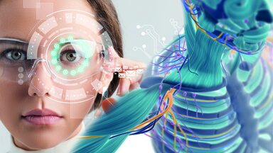 On the left is a woman wearing glasses with a button on the side, which she presses. There are circles and shapes around her left eye and other symbols to her left. On the right is a 3D illustration of a person without a layer of skin, showing bones, muscles and nerves.