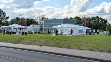Menschen bauen auf einer Wiese Pavillons und Zelte auf.