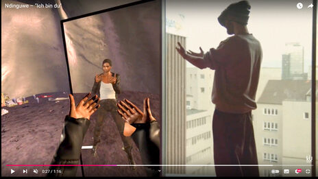 Screenshot of the YouTube video: On the left a digital scene, a black person looking at their hands in front of a mirror, on the right a real scene with a person wearing VR glasses and also looking at their hands.