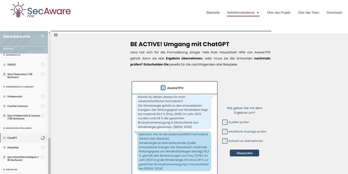 Ein Screenshot zeigt eine Übung auf der Plattform SecAware