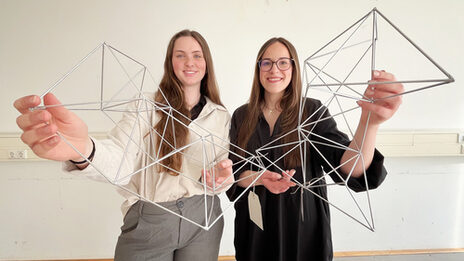 Two people smilingly hold a delicate structure made of metal rods up to the camera.