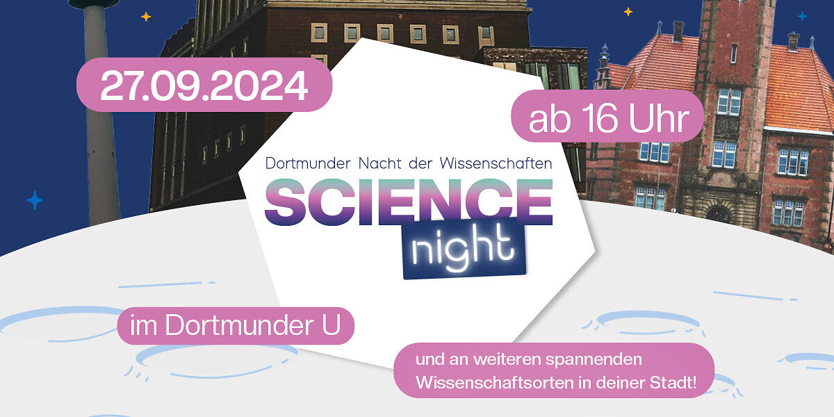 Plakatmotiv mit dem Dortmunder U-Turm, dem Fernsehturm und dem alten Hafenamt, dazu mehrere Textfelder, die Datum und Uhrzeit der Science Night beinhalten.