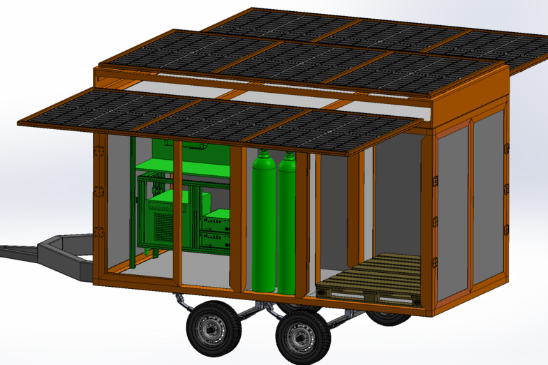 3D-Computer-Model eines Anhängers mit Solarzellen auf dem Dach.