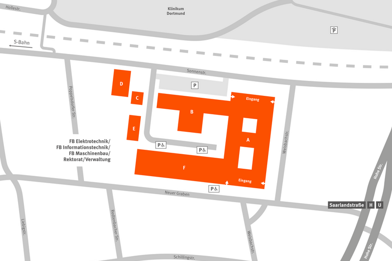 The schematic diagram shows the arrangement of the buildings on the campus and the access roads.