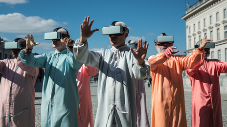 Mehrere Personen in einfarbigen Anzügen mit Virtual Reality Brillen