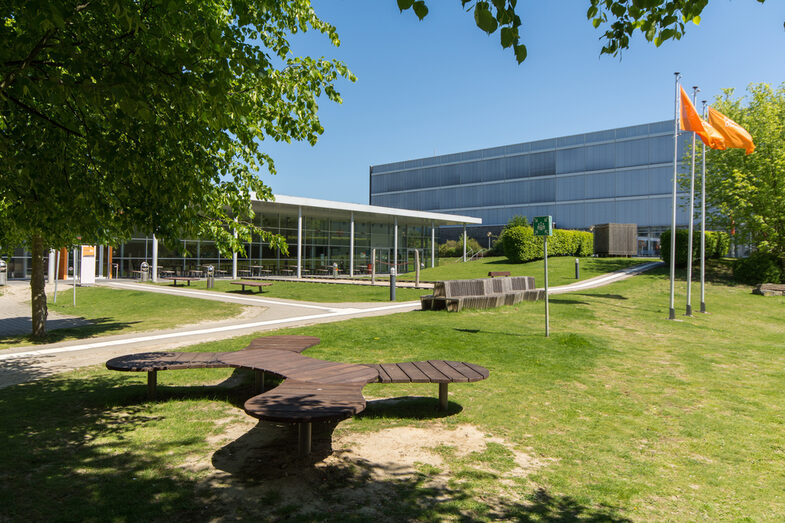 Photo with a view across the meadow to the KostBar canteen and the Faculty of Architecture building. Flags are waving in the wind on the right.