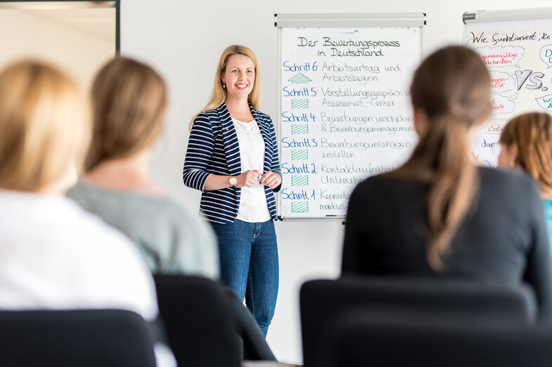 Photo of a member of staff from the Career Service standing in front of a flipchart outlining the application process in Germany. Several students are sitting in front of her, listening to her.