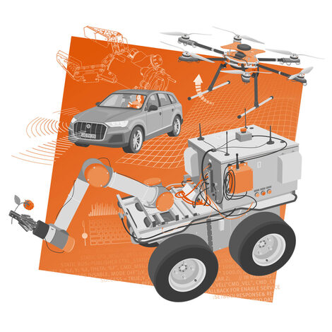 Keyvisual der Robotik-AG: Illustration eines fahrbaren Roboter mit Greifarm, eine Drohne und ein Auto. Hinterlegt auf einem organgfarben gekippten Quadrat und halbtransparente Strichgrafiken mit Code, Diagrammen und ein Ebenenraster.